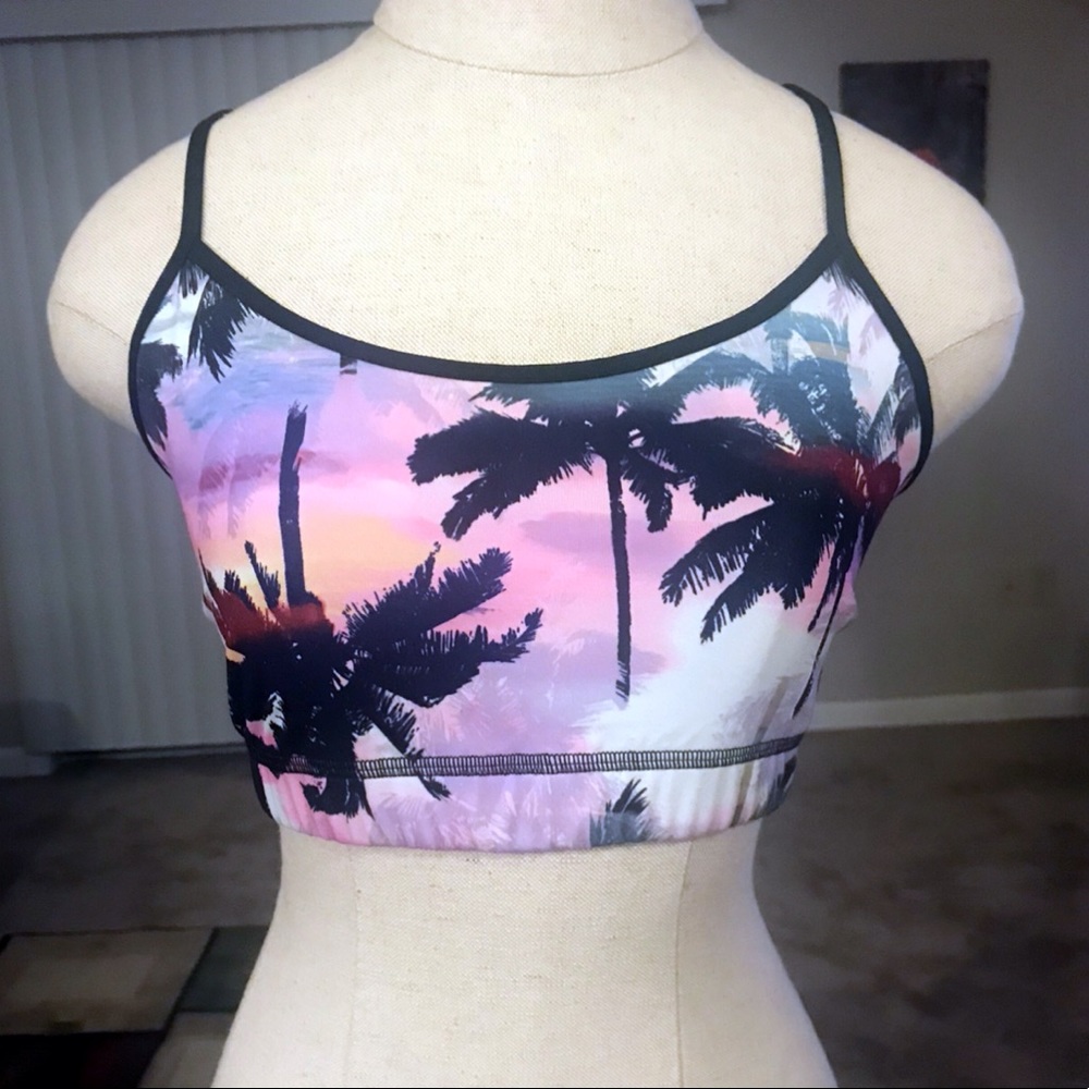 Strappy Back Palm Tree Print Sports Bra